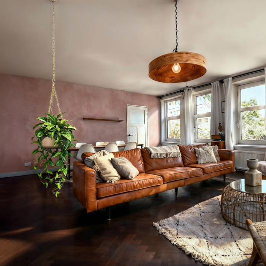 עציץ פלסטיק אפור רחב נתלה, משולב שרשרת ברזל זהב בהיר - הדמיה