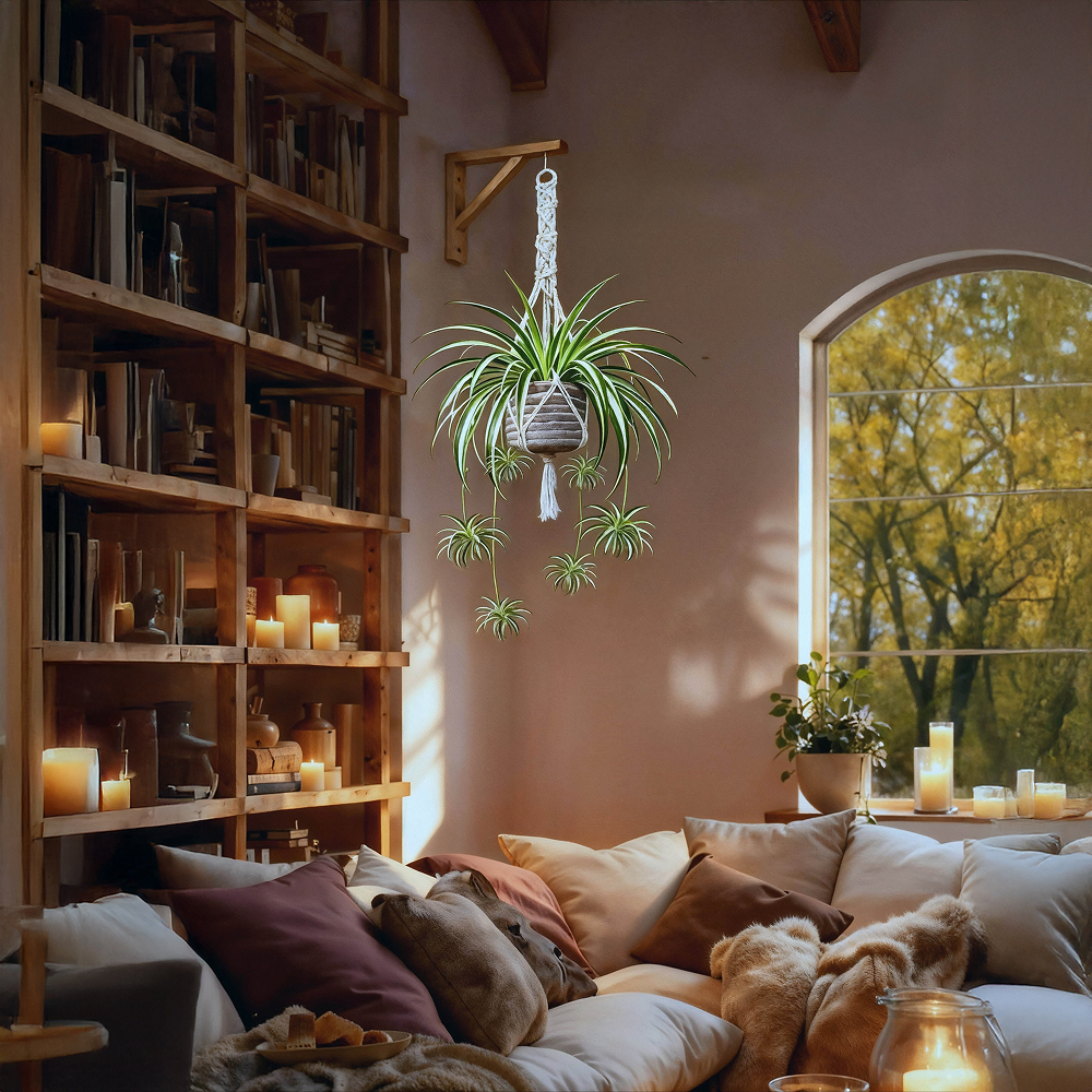 עציץ קרמיקה אפור לבן משולב מקרמה לתליה - הדמיה