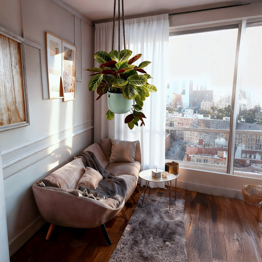 עציץ קרמיקה ירוק בהיר נתלה, משולב חבל חום כהה - הדמיה