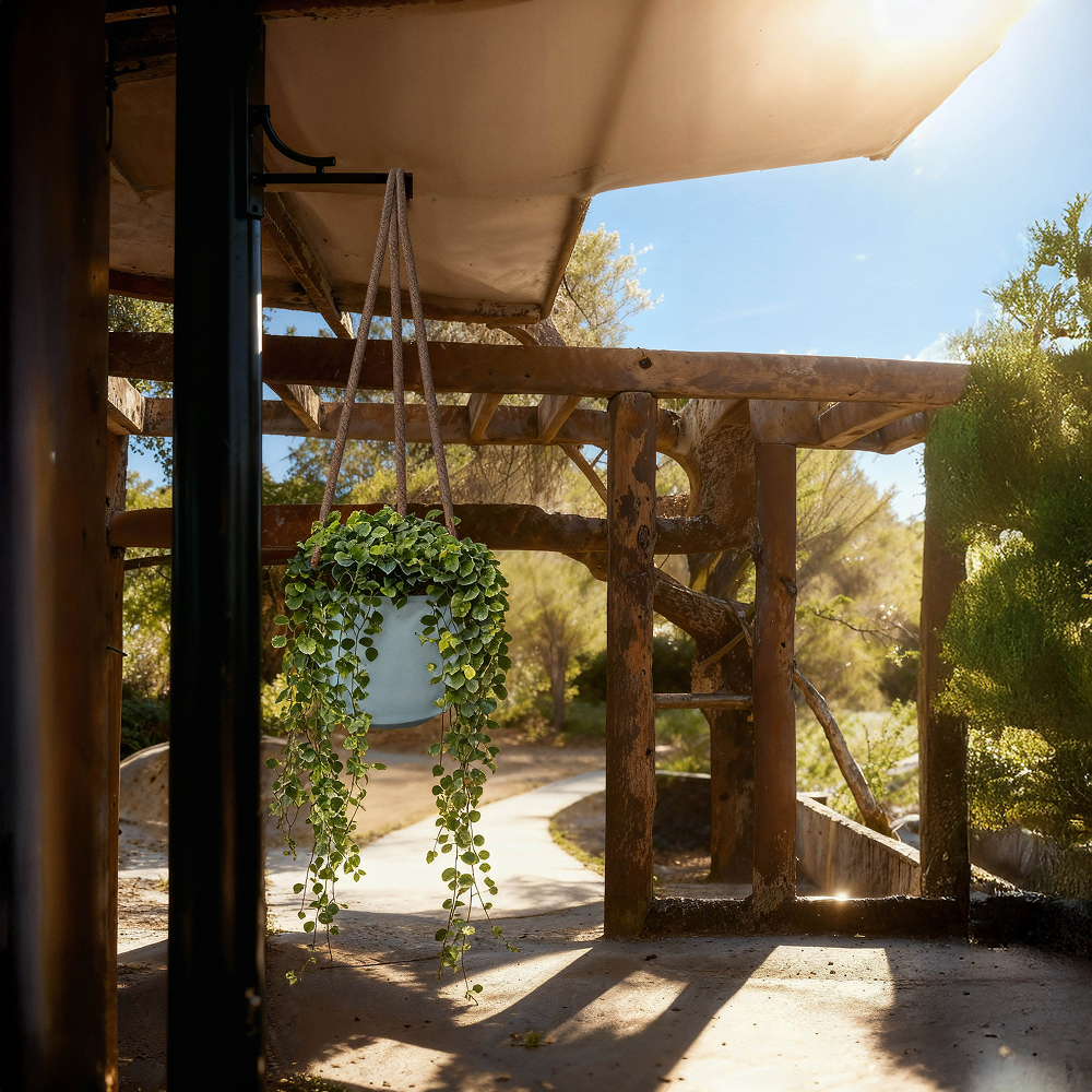 עציץ קרמיקה תכלת משולב חבל חום בהיר - הדמיה