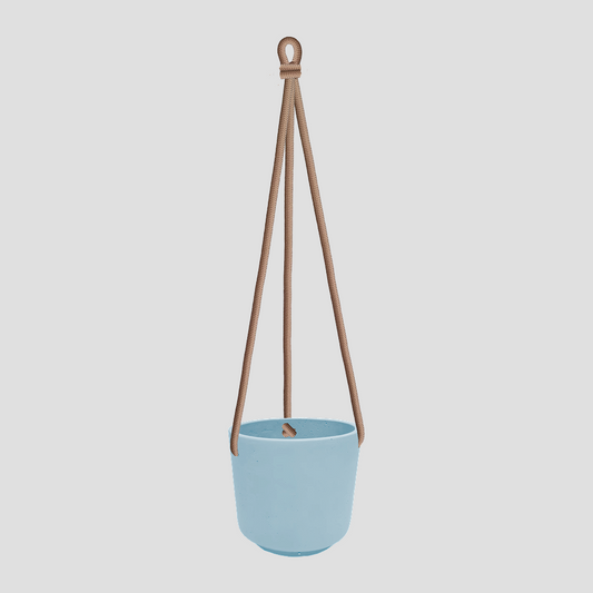 עציץ קרמיקה תכלת משולב חבל חום בהיר