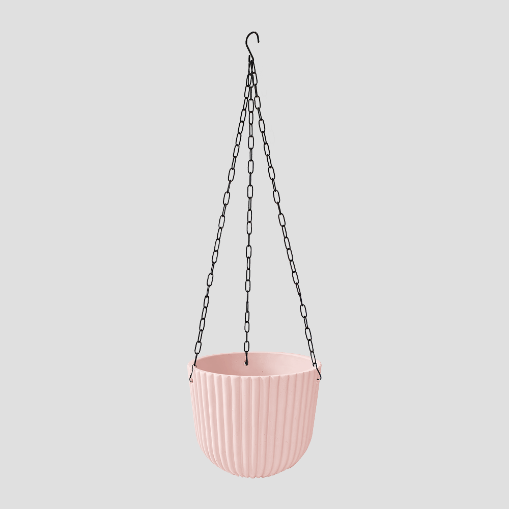 עציץ קרמיקה ורוד עדין נתלה, משולב שרשרת ברזל שחורה