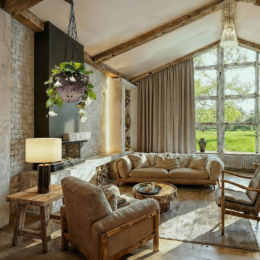 כד חרס אפור סגול מנוקד נתלה, משולב שרשרת ברזל שחורה - הדמיה