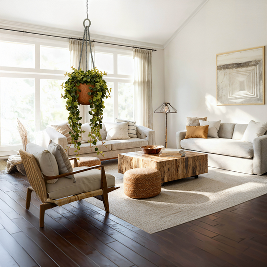 עציץ שעם נתלה משולב חבל ירוק לבן - הדמיה