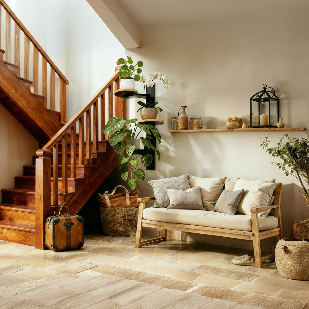 מתקן קיר לשלושה עציצים מברזל משולב מגשי עץ - הדמיה