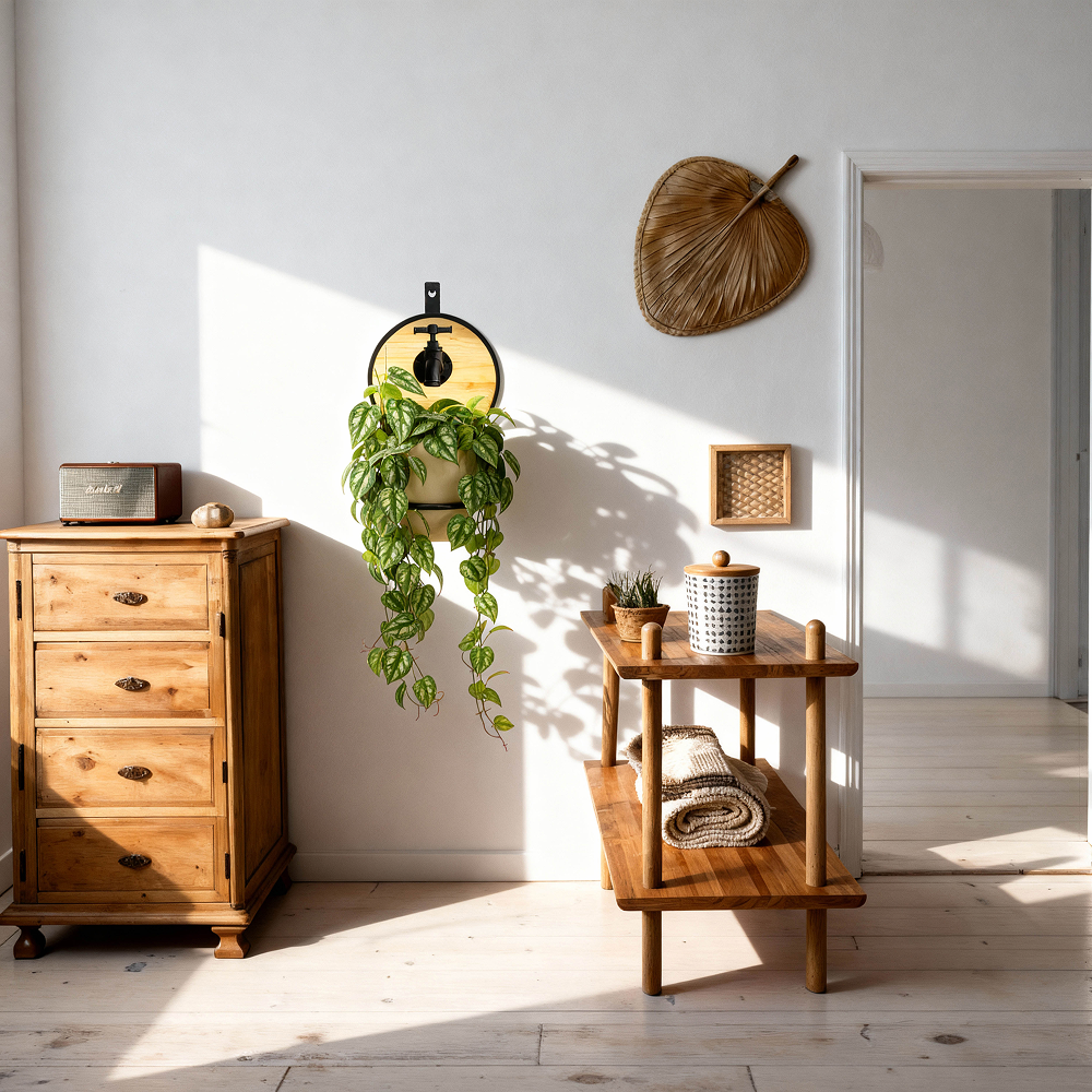 מתקן קיר לתליית עציץ במסגרת ברזל ועץ עגולה משולב ברז- שמנת - הדמיה