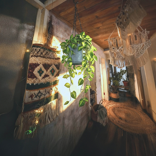 עציץ פלסטיק טרצו כחול נתלה, משולב שרשרת ברזל שחורה - הדמיה